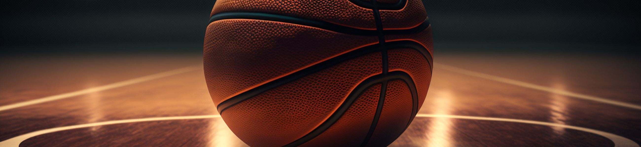 Ball on basketball court with spotlights , Basketball arena